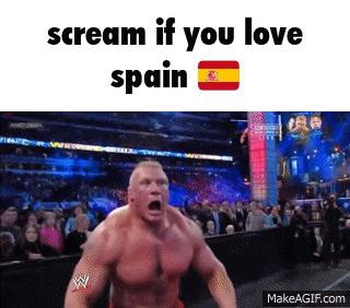 a man is screaming in front of a crowd with the words " scream if you love spain "