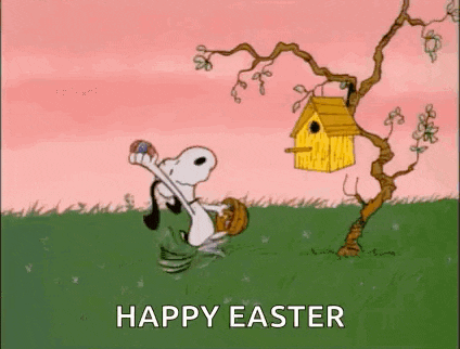a cartoon of snoopy holding an easter egg and a birdhouse in a field .